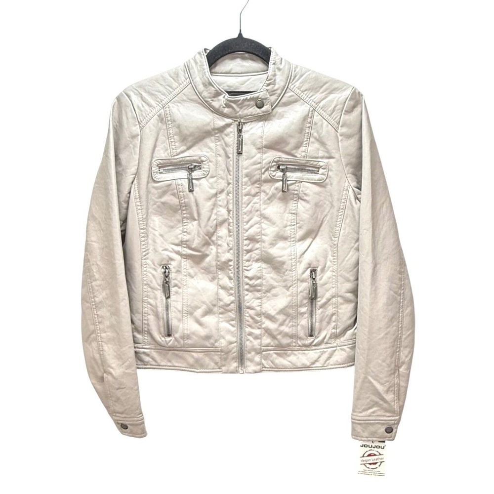Jou Jou J2 Moto Jacket NWT S Ivory Vegan Leather Fur Lined‎ Biker Coat Mob Wife